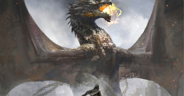 dragon about breathe fire as man watches